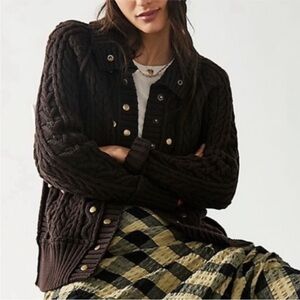 NWT Free People‎ 100% Cotton Cable Cardigan Coat in Chocolate Brown Size Small